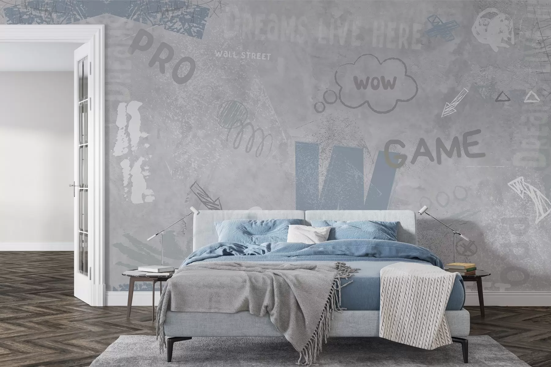 wall murals Design in street art style with blue color inscriptions on the background of concrete wall w04056v1