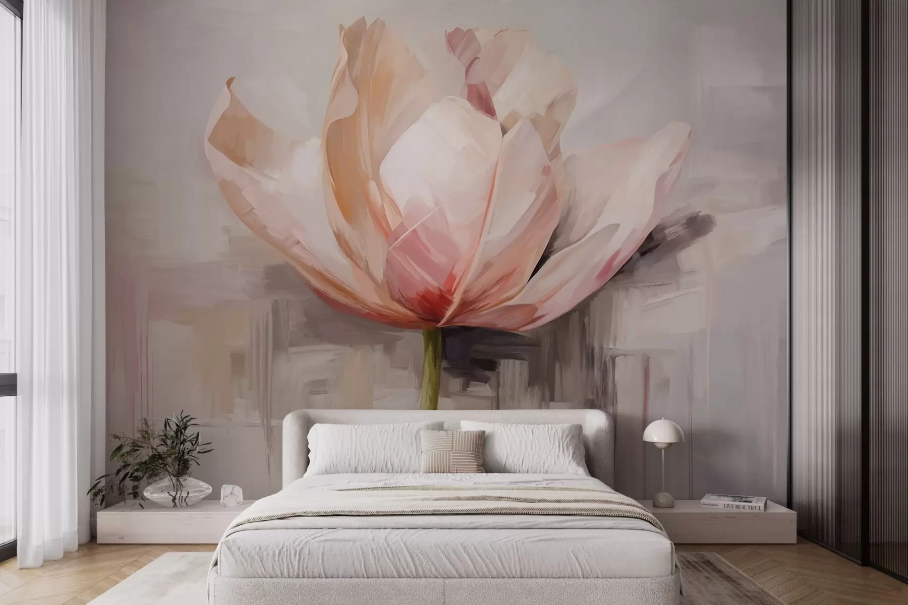wall murals Pink tulip, oil painting imitation with soft brush strokes, abstract background with pastel shades of gray and beige w09187