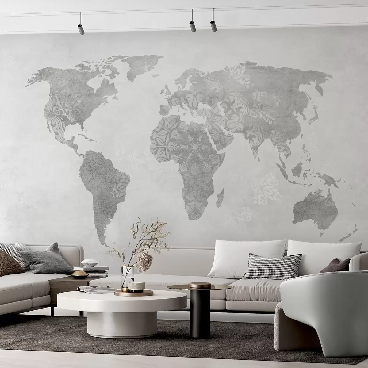 wall murals World map with pattern, monochrome shades w03954v1