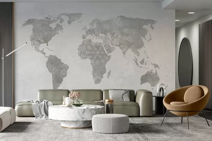 wall murals World map with pattern, monochrome shades w03954v1