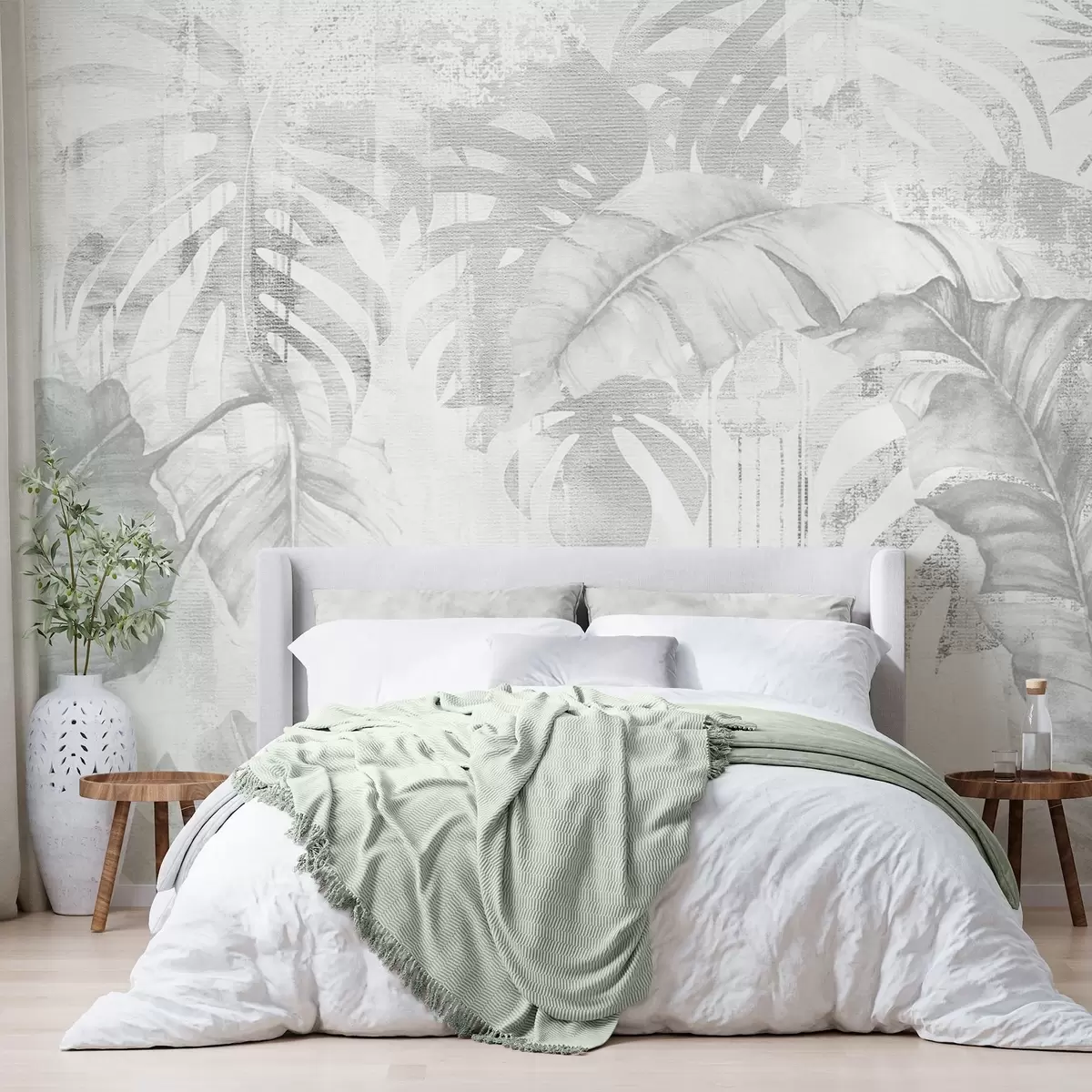 wall murals Tropical leaves in grunge style, monochrome shades w03956v1