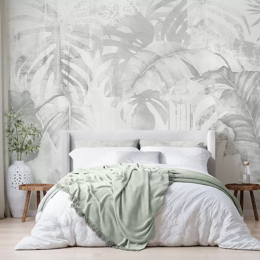 wall murals Tropical leaves in grunge style, monochrome shades w03956v1