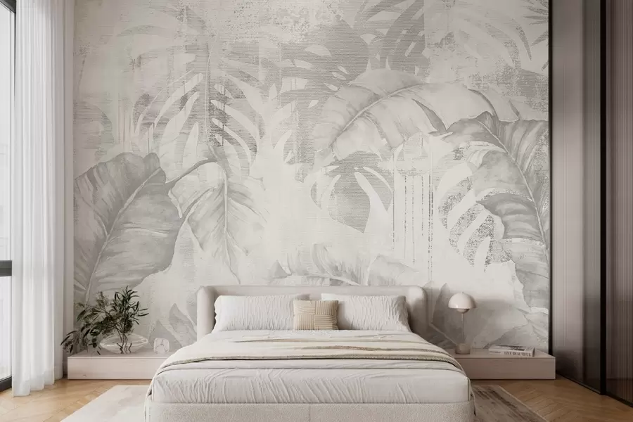 wall murals Tropical leaves in grunge style, monochrome shades w03956v1