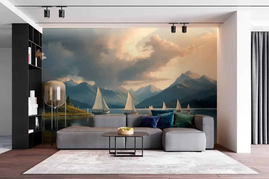 wall murals regatta on a lake with a cloudy sky in the style of a 19th century oil painting w04076
