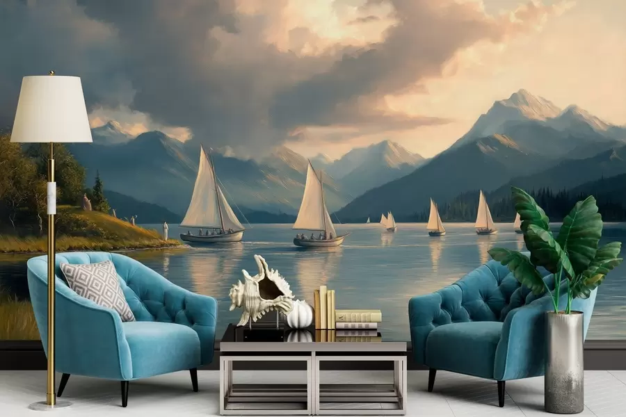wall murals regatta on a lake with a cloudy sky in the style of a 19th century oil painting w04076