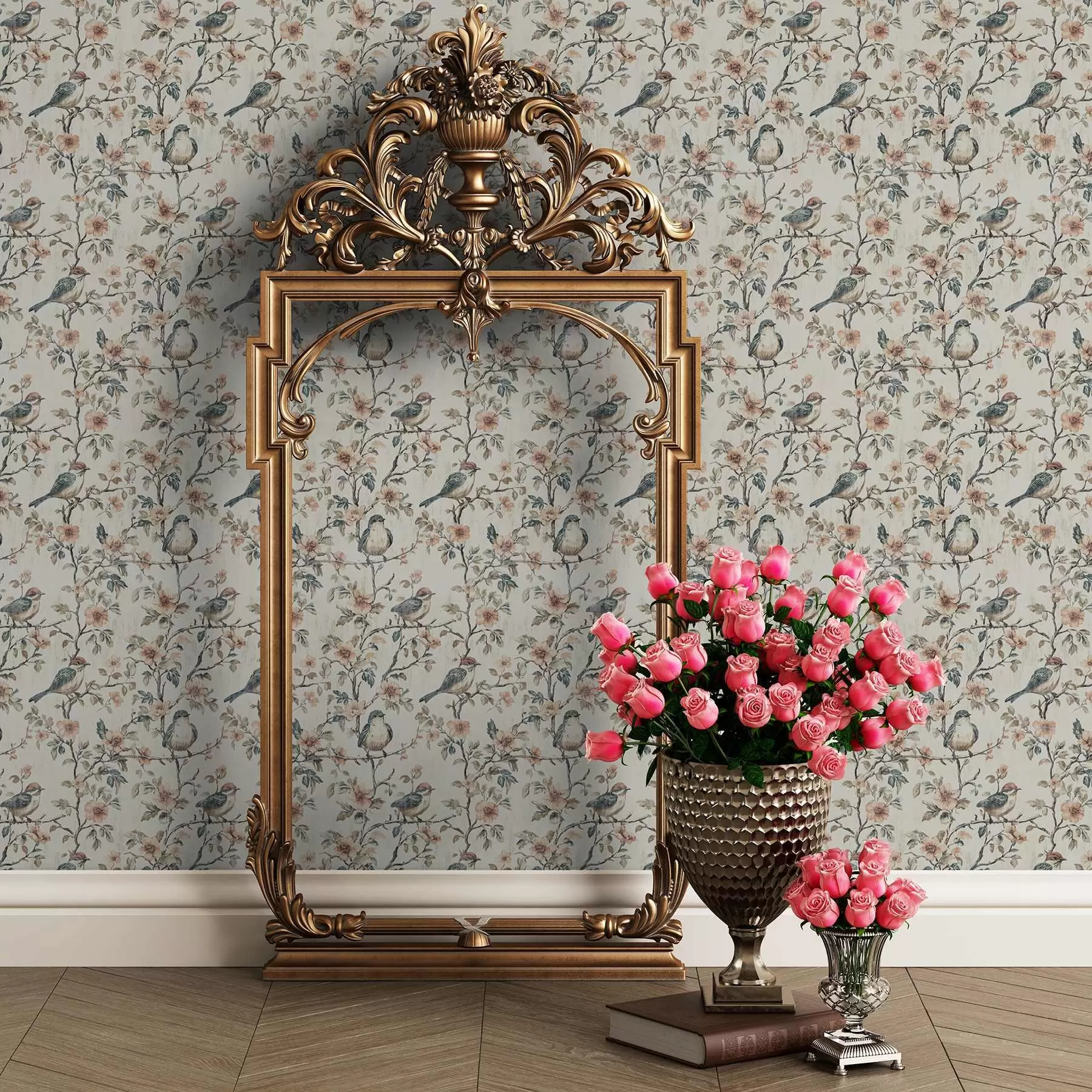 wall murals Birds on branches with flowers in retro watercolor style a00197