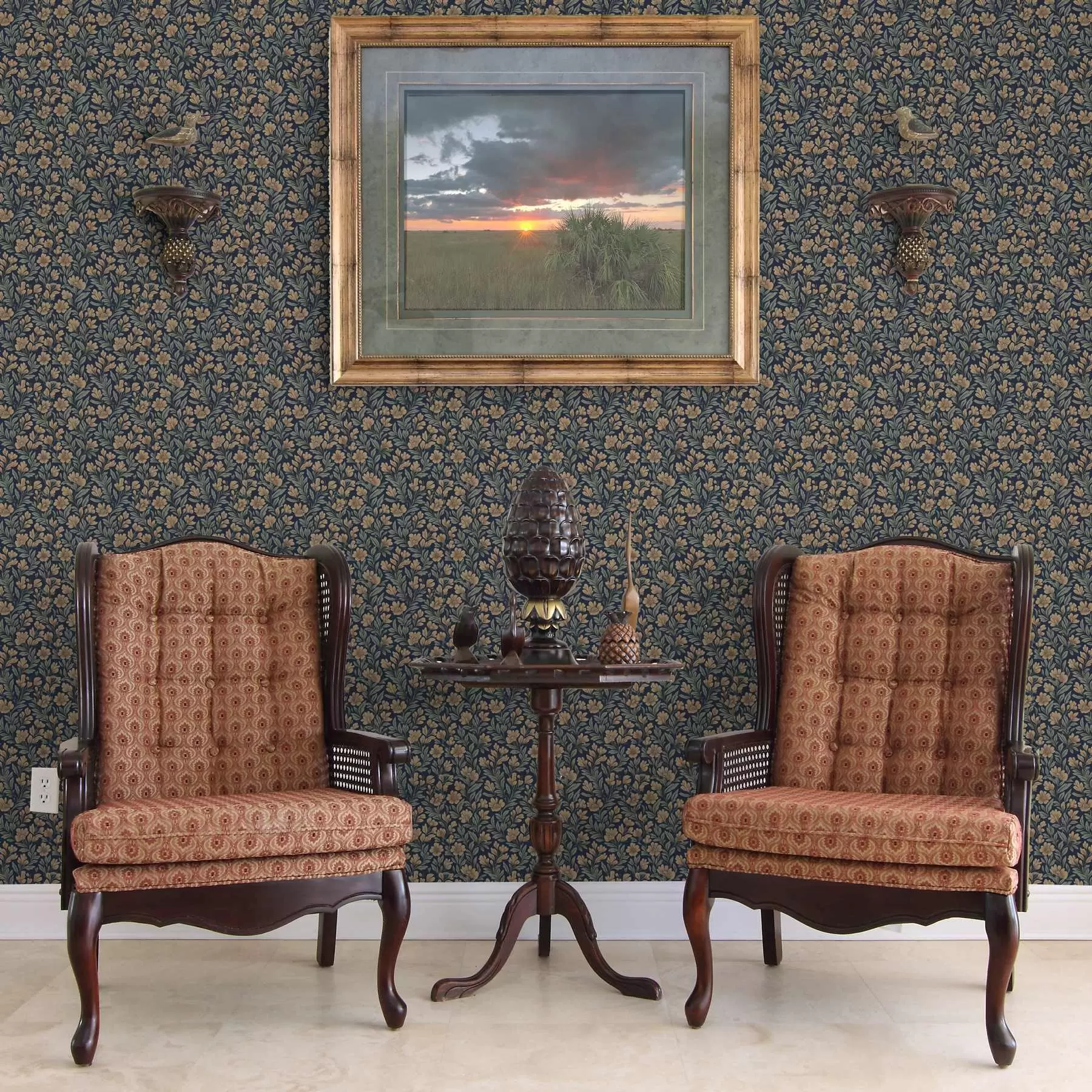 wall murals Orange flowers on a dark blue background in vintage style a00200