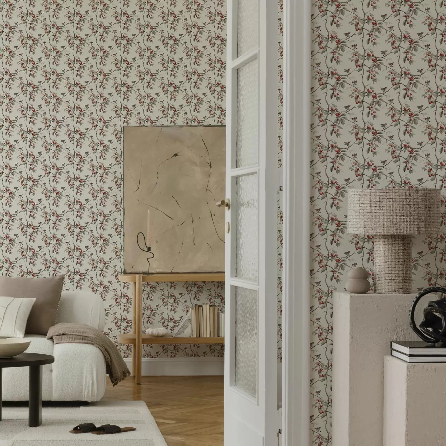 wall murals Birds among cherry branches with red berries a00206