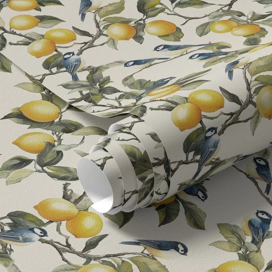 wall murals Birds and lemons on the branches, watercolor botanical drawing a00207