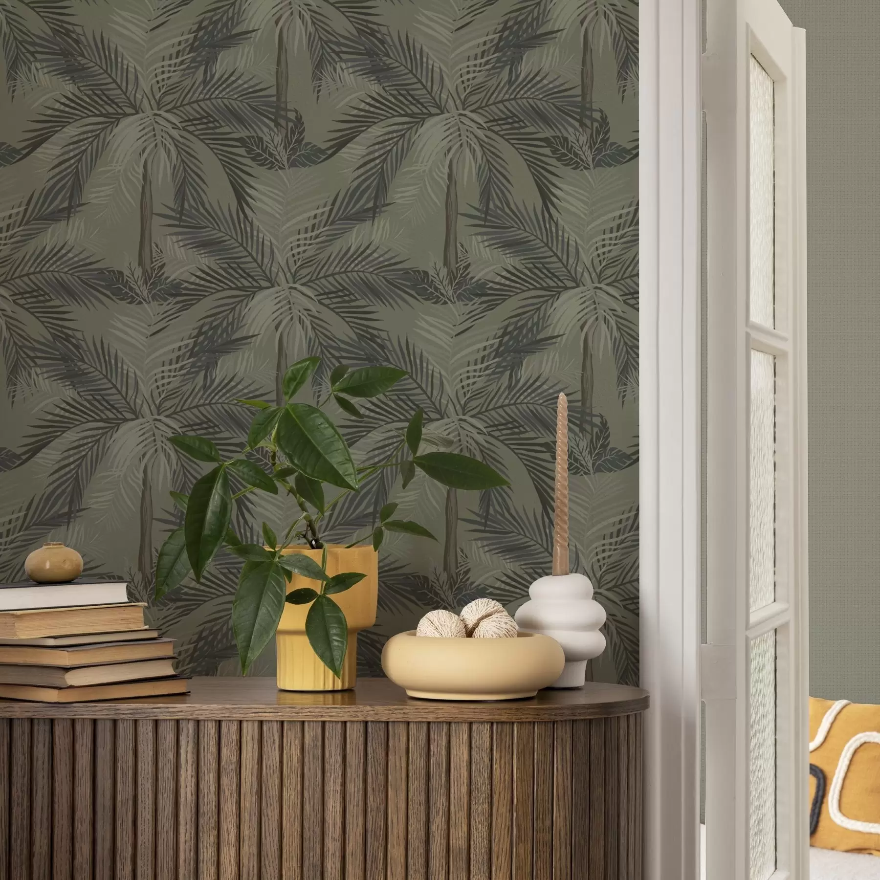 wall murals Palm leaves on olive background, jungle, tropics a00217