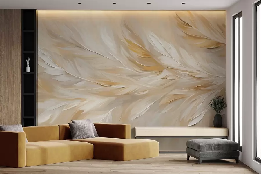 wall murals White and beige feathers arranged in a flowing print, soft texture, warm color palette, abstract background w09191