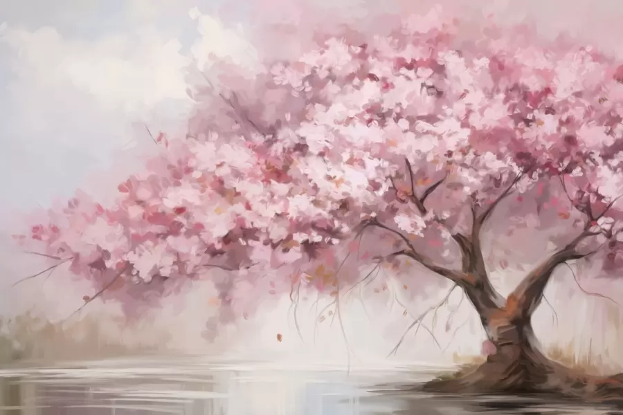 wall murals Abstract pink blossom tree in full bloom, next to a river, soft textured brushstrokes and pastel colors w09193