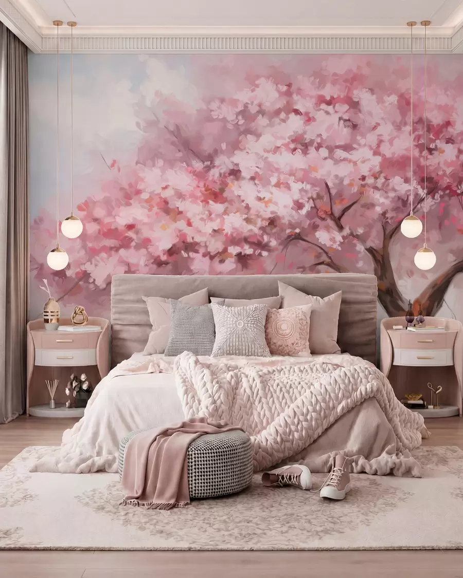 wall murals Abstract pink blossom tree in full bloom, next to a river, soft textured brushstrokes and pastel colors w09193