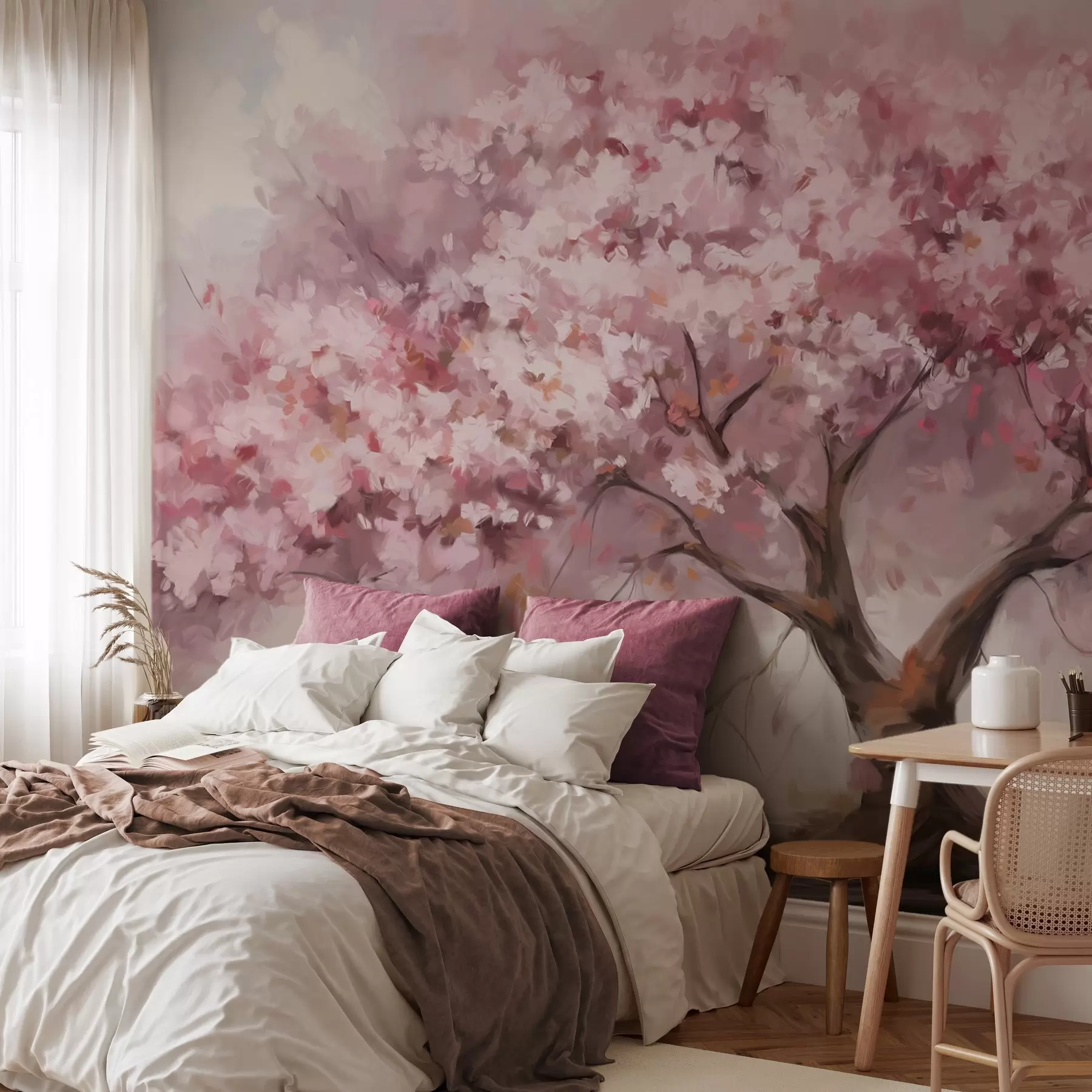 wall murals Abstract pink blossom tree in full bloom, next to a river, soft textured brushstrokes and pastel colors w09193