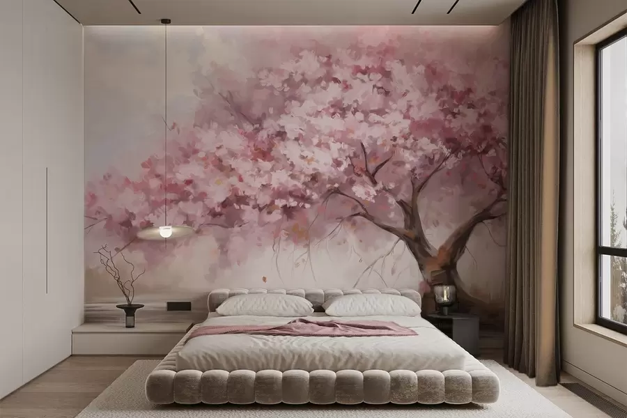 wall murals Abstract pink blossom tree in full bloom, next to a river, soft textured brushstrokes and pastel colors w09193