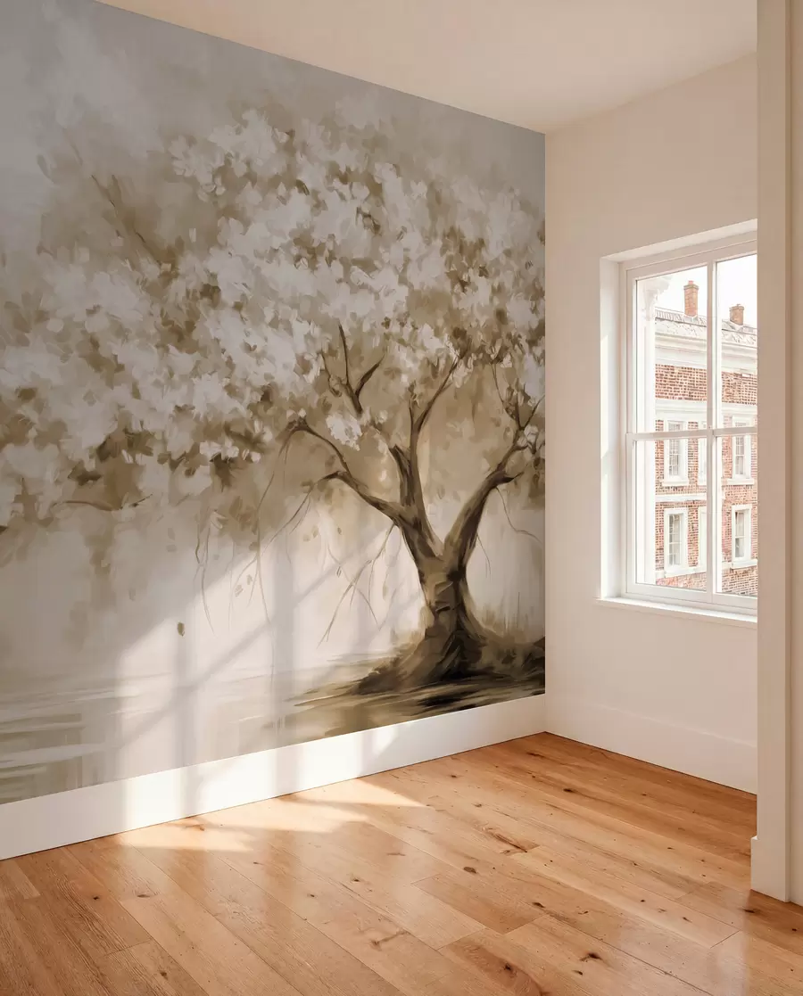 wall murals Abstract beige blossom tree in full bloom, next to a river, soft textured brushstrokes and pastel colors w09193v1