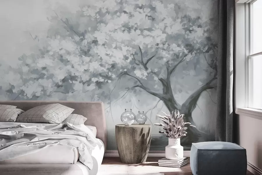 wall murals Abstract muted blue blossom tree in full bloom, next to a river, soft textured brushstrokes and pastel colors w09193v2