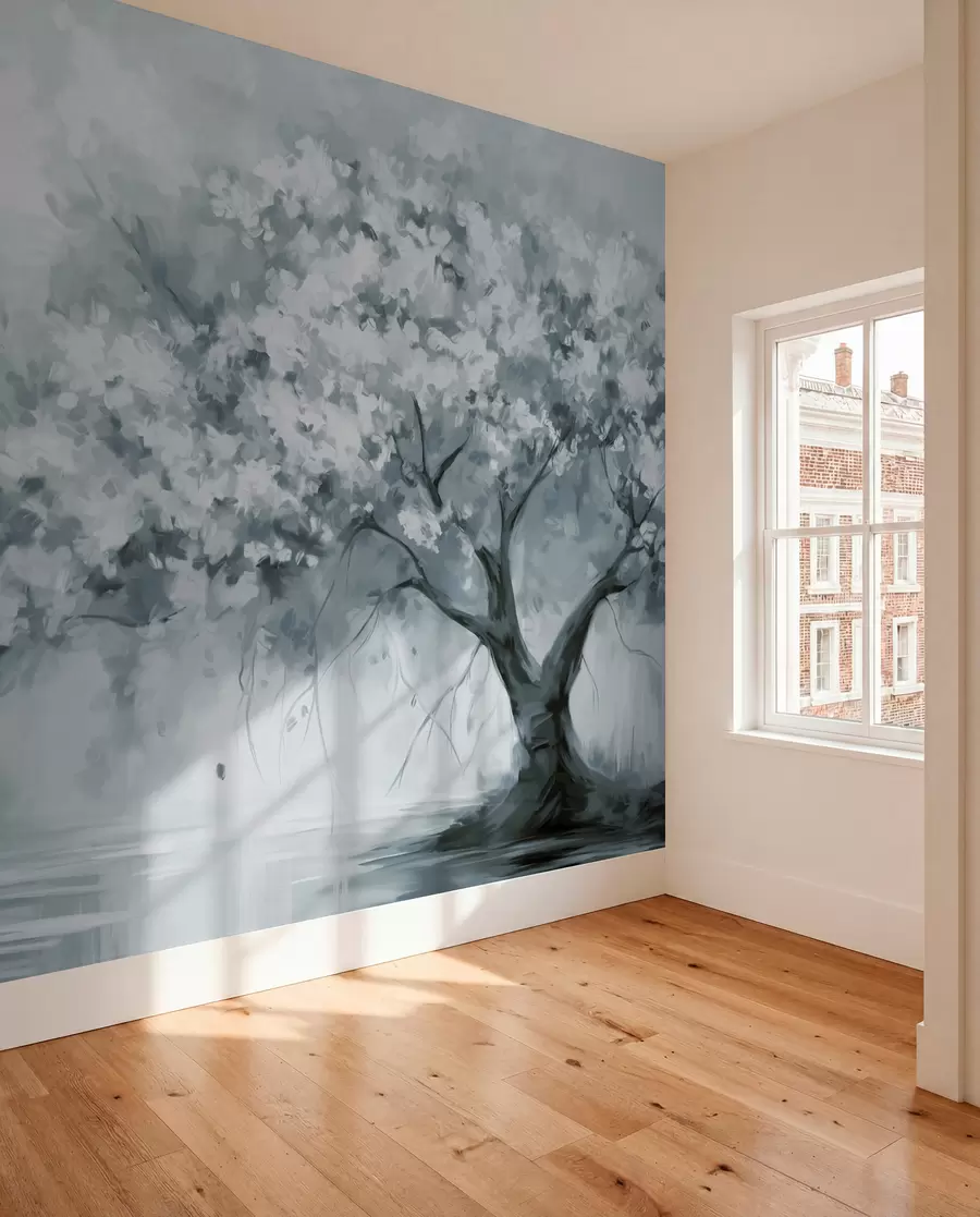 wall murals Abstract muted blue blossom tree in full bloom, next to a river, soft textured brushstrokes and pastel colors w09193v2
