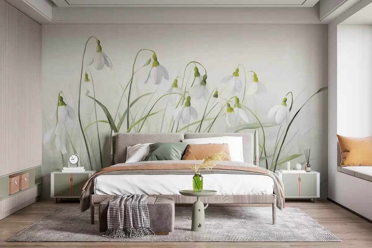 wall murals Snowdrop flowers with green textured stems and leaves, watercolor spring style, delicate brushstrokes w09195