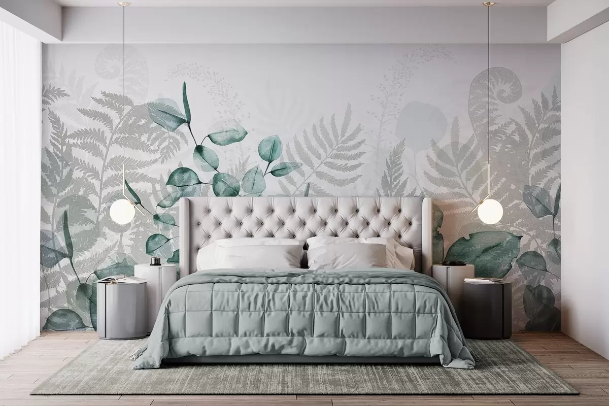 wall murals Eucalyptus and fern leaves in shades of green and gray, watercolor effect , botanical illustration w09197