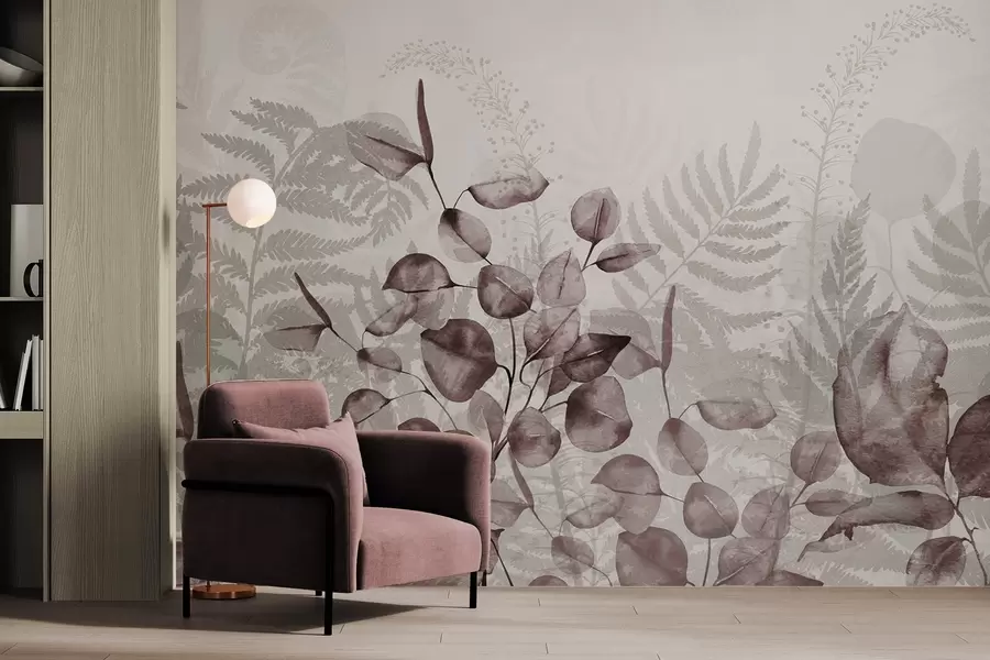 wall murals Eucalyptus and fern leaves in shades of bordo and gray, watercolor effect , botanical illustration w09197v1
