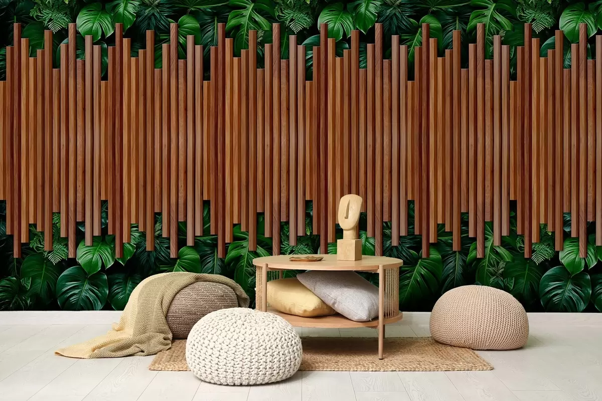 wall murals Imitation of wooden panels and green wall w04138
