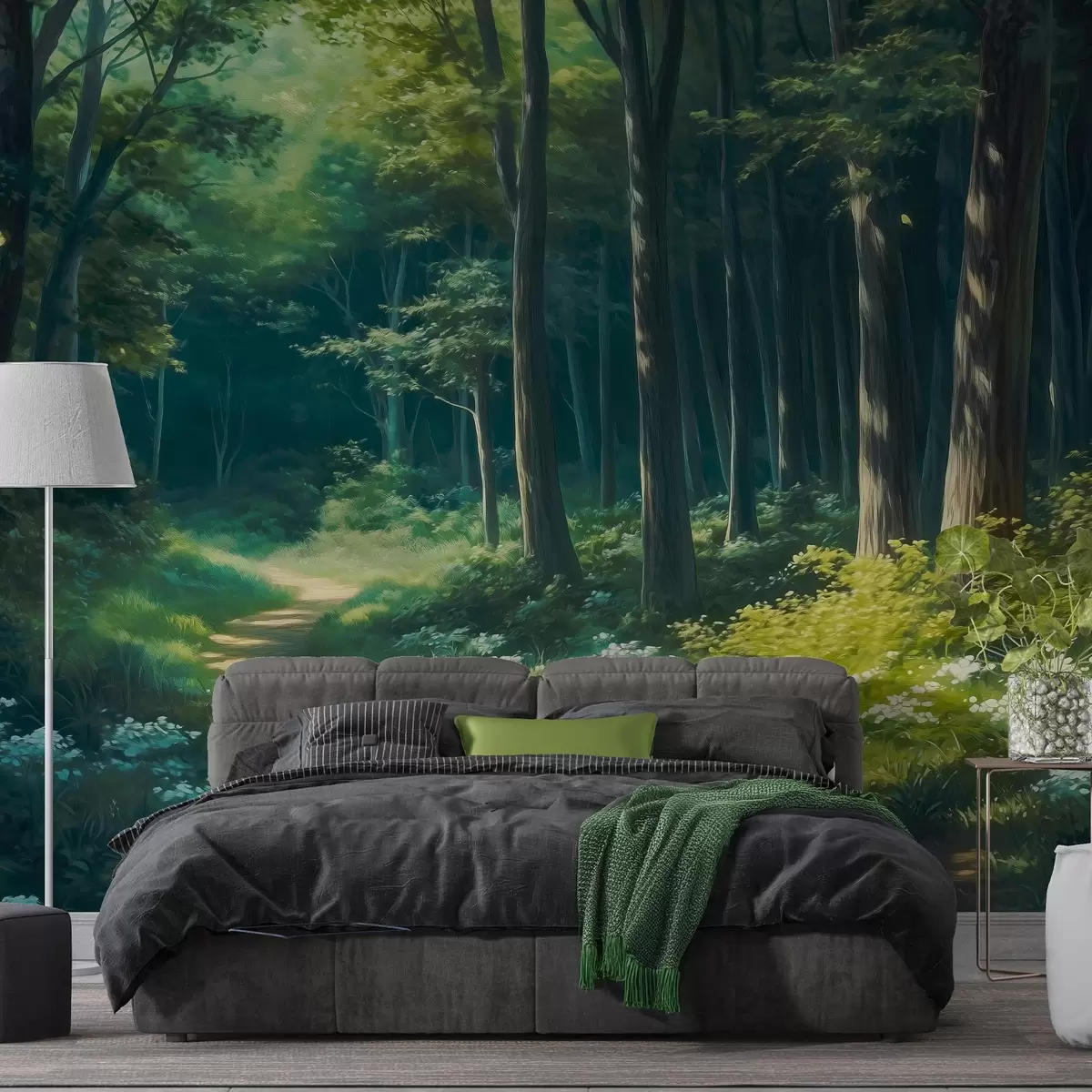 wall murals Green forest with gentle sunlight, trees and white flowers, oil style drawing w04118
