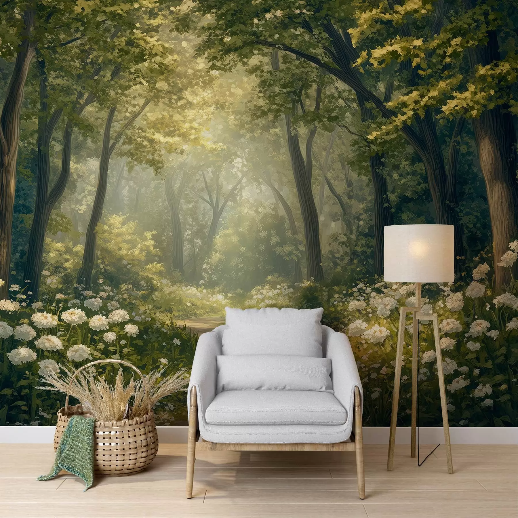 wall murals Path in the green forest, white flowers, sunlight, acrylic style drawing w04119