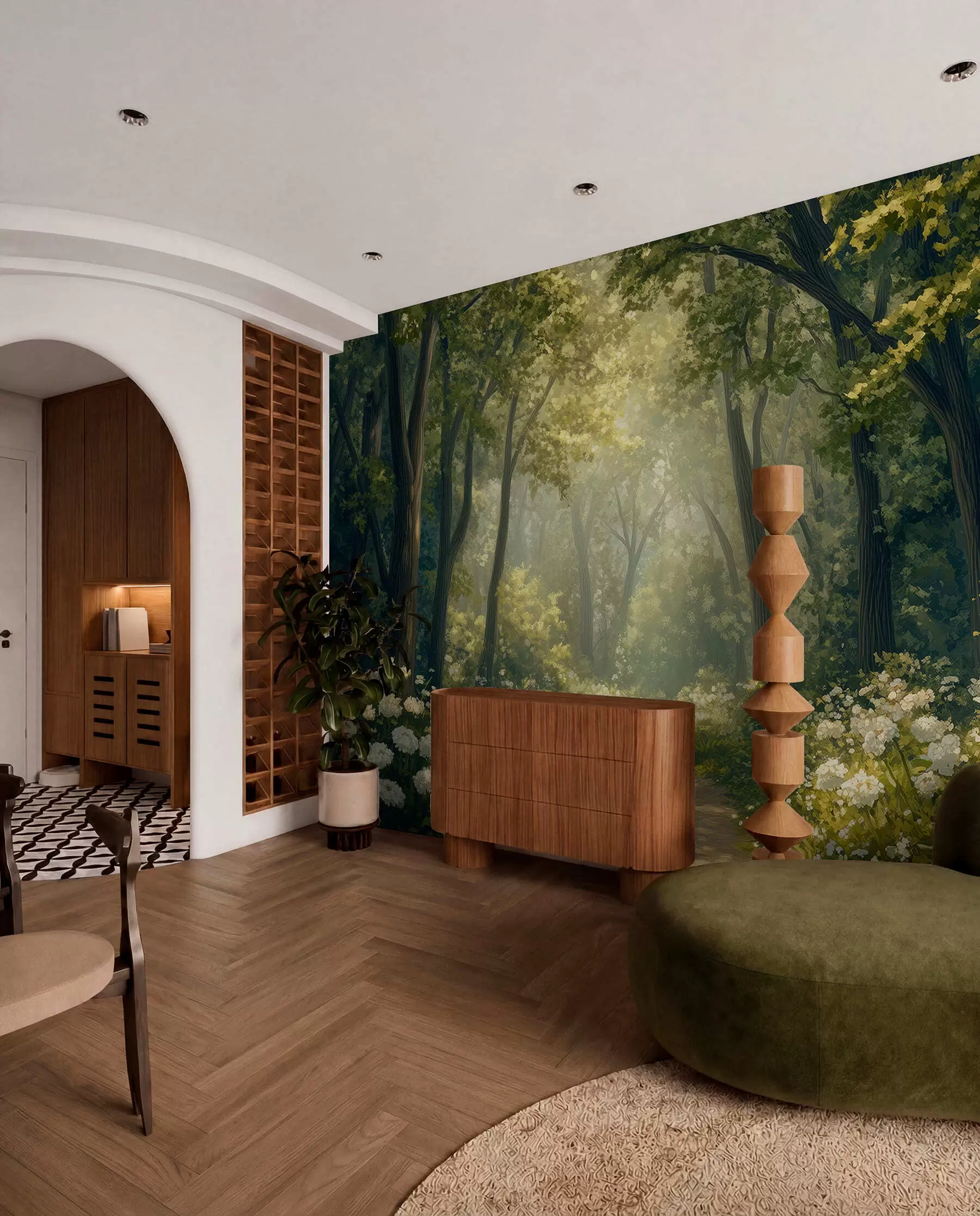 wall murals Path in the green forest, white flowers, sunlight, acrylic style drawing w04119