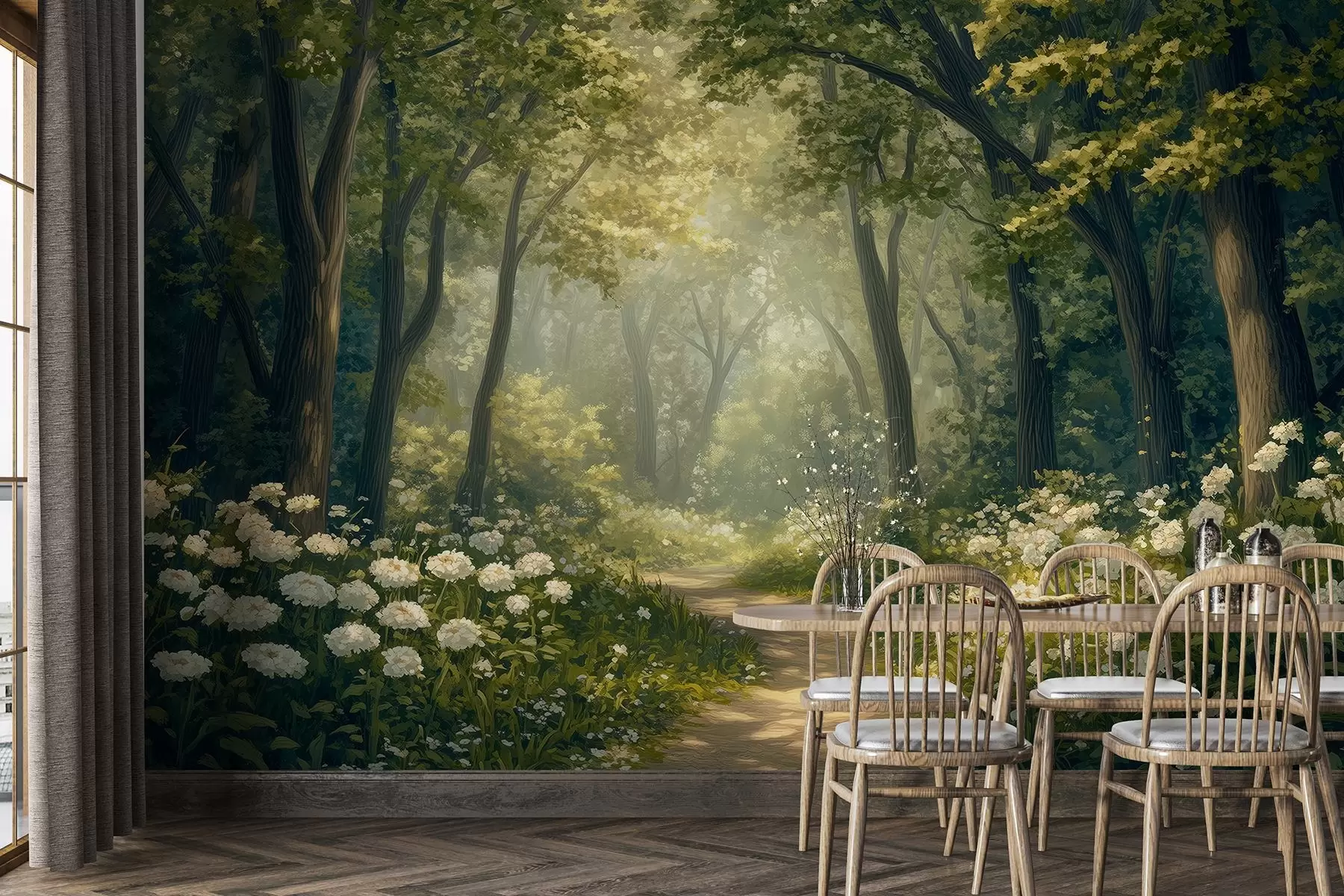 wall murals Path in the green forest, white flowers, sunlight, acrylic style drawing w04119