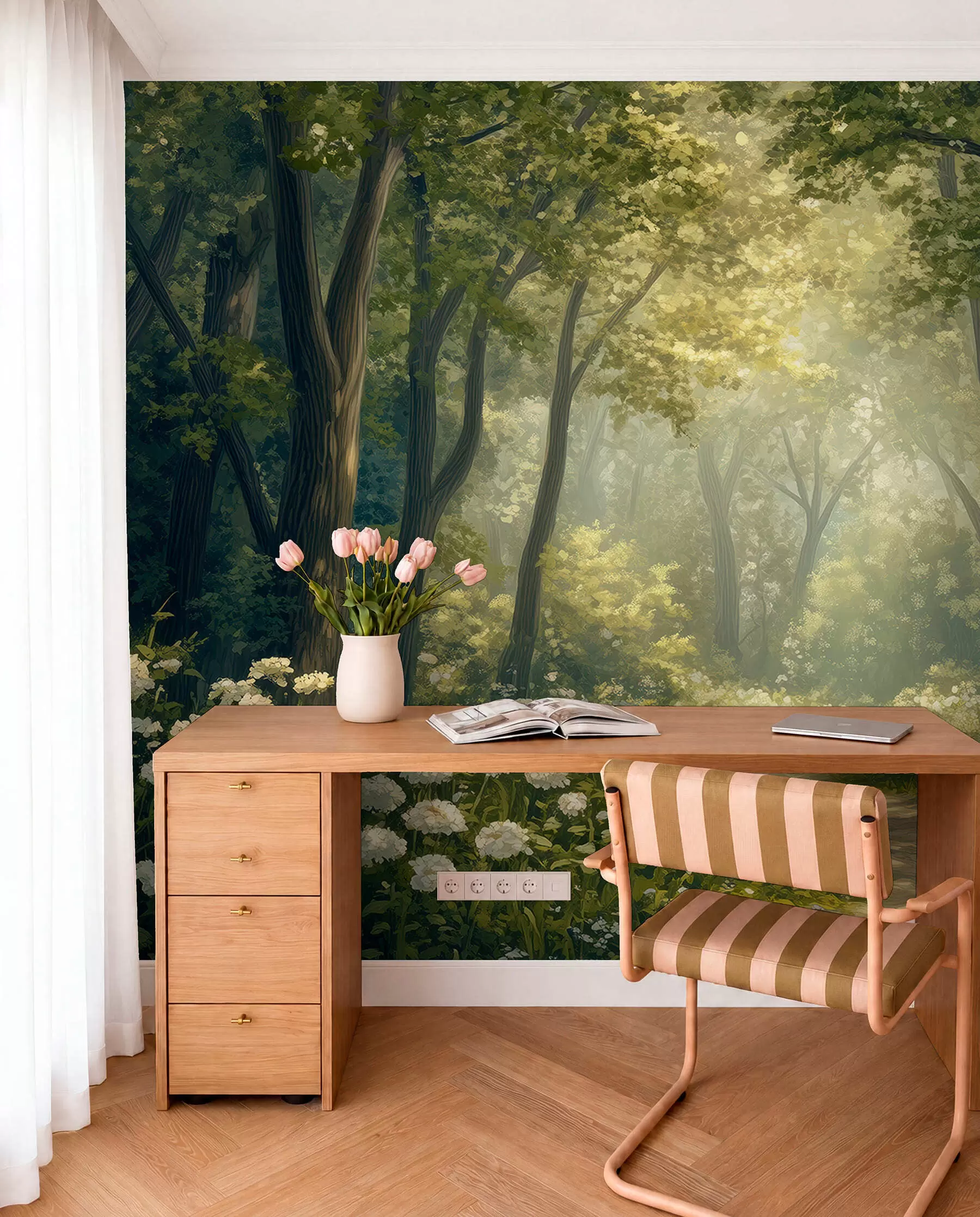 wall murals Path in the green forest, white flowers, sunlight, acrylic style drawing w04119