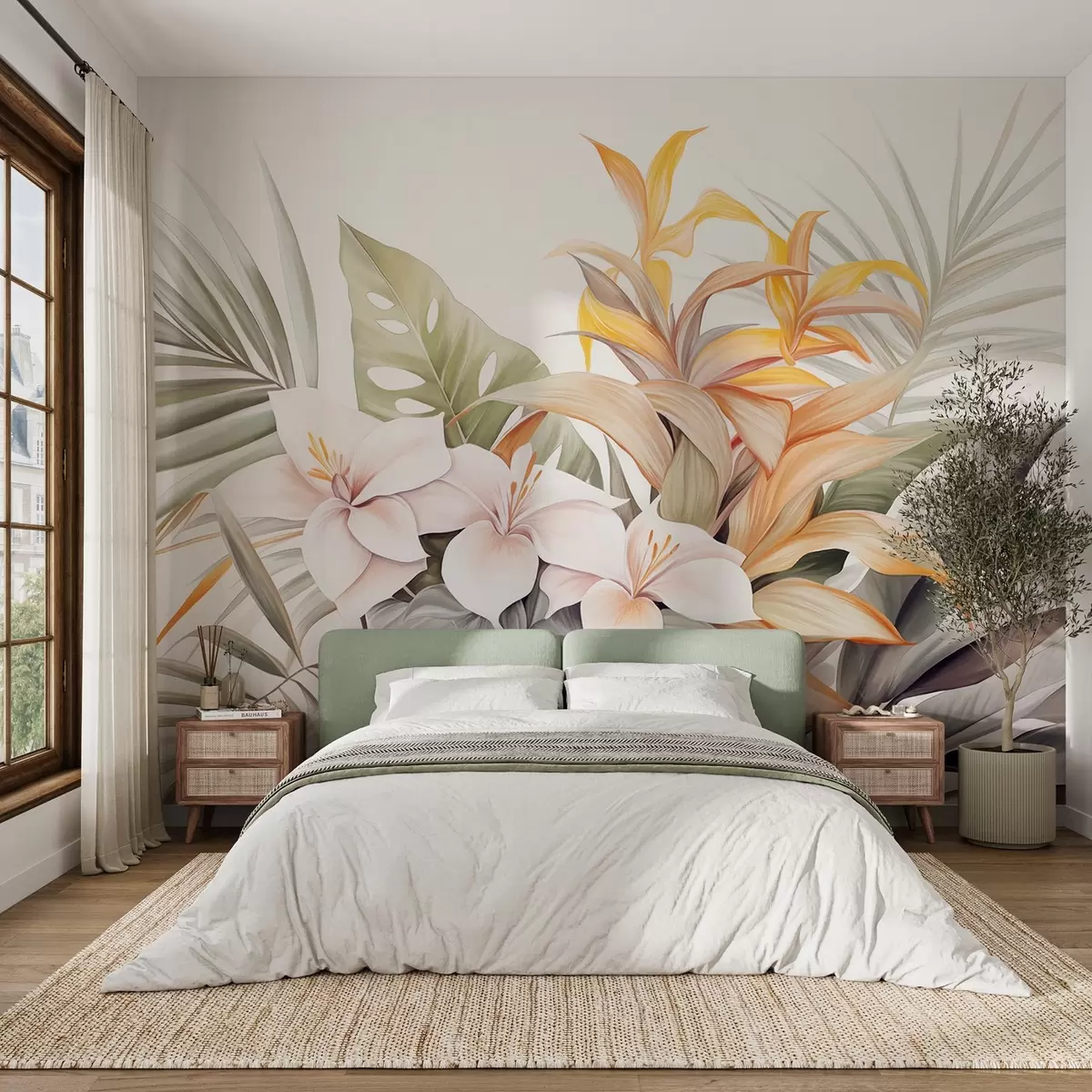 wall murals Botanical illustration of tropical flowers with palm and monstera leaves,soft colors, watercolor style w09201