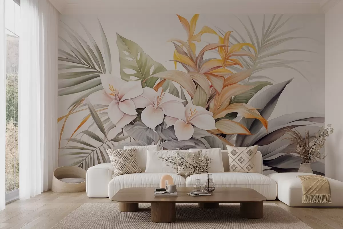 wall murals Botanical illustration of tropical flowers with palm and monstera leaves,soft colors, watercolor style w09201