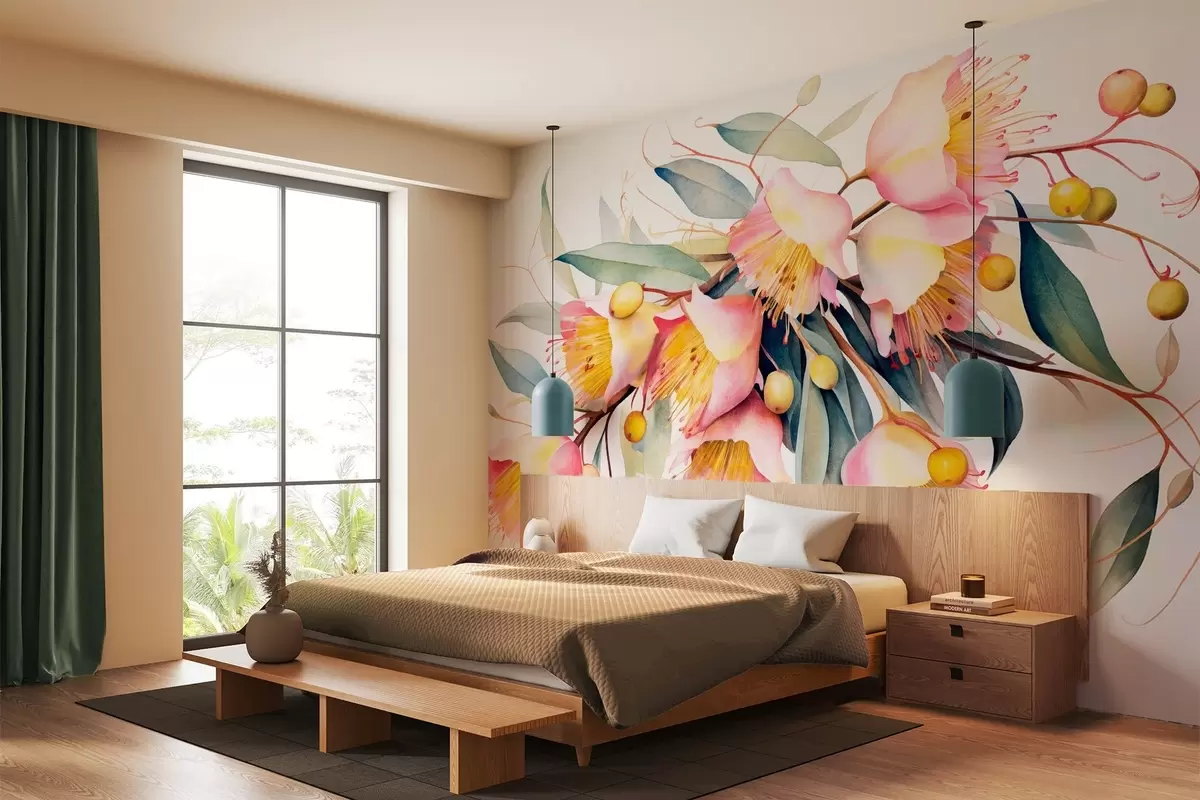 wall murals Eucalyptus flowers with green leaves, watercolor style, soft and textured, light background, botanical floral design w09202