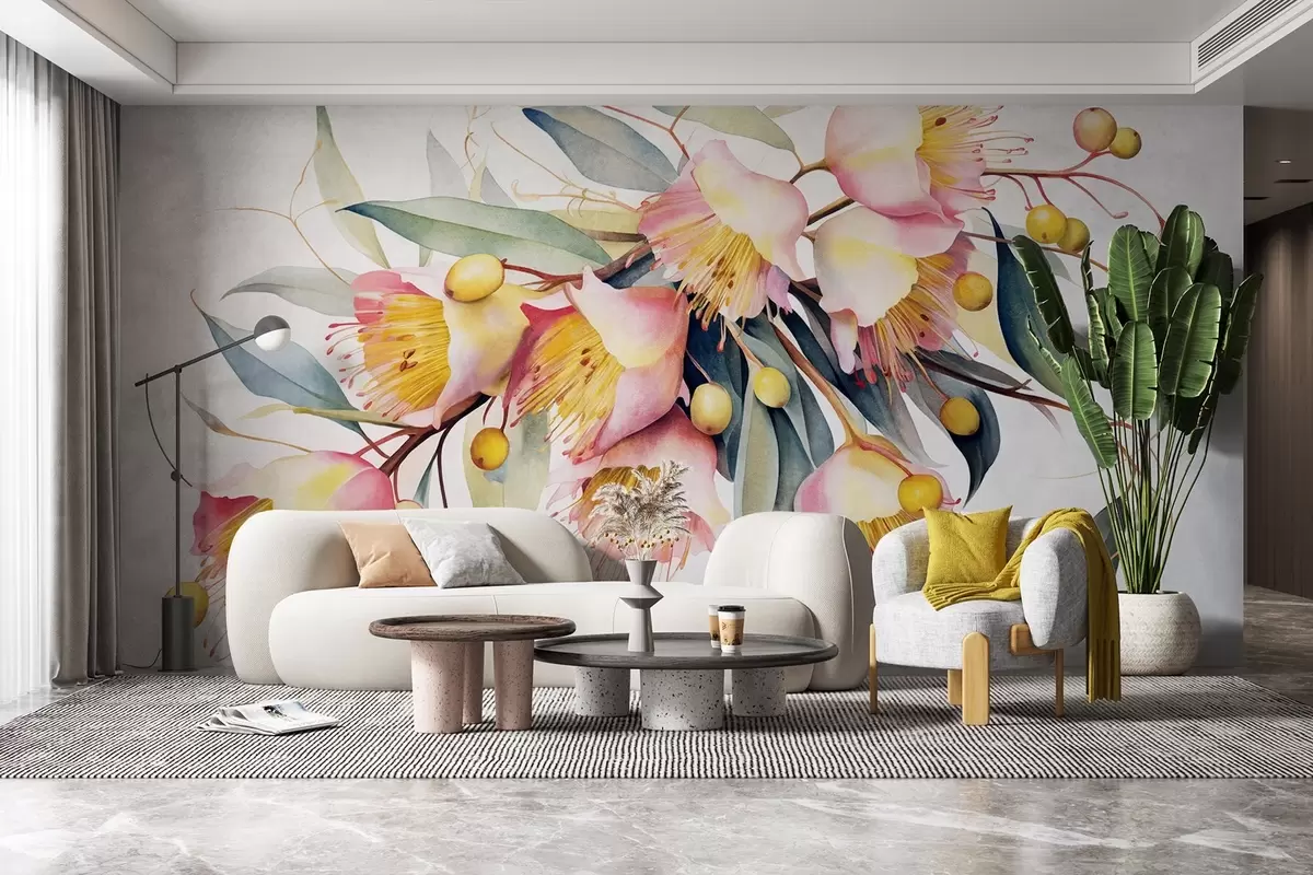 wall murals Eucalyptus flowers with green leaves, watercolor style, soft and textured, light background, botanical floral design w09202