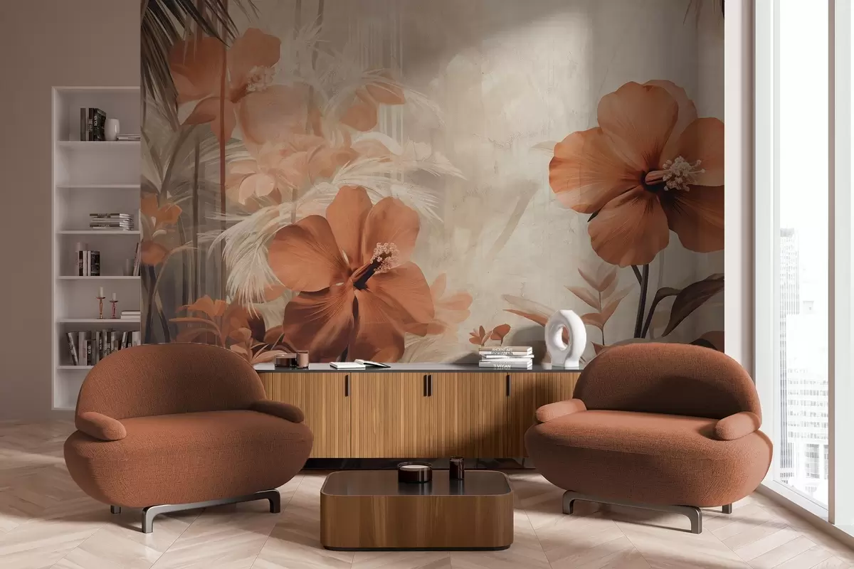 wall murals Pastel red hibiscus flowers with leaves and stems, tropical vegetation, soft, muted colors, vintage style w09203