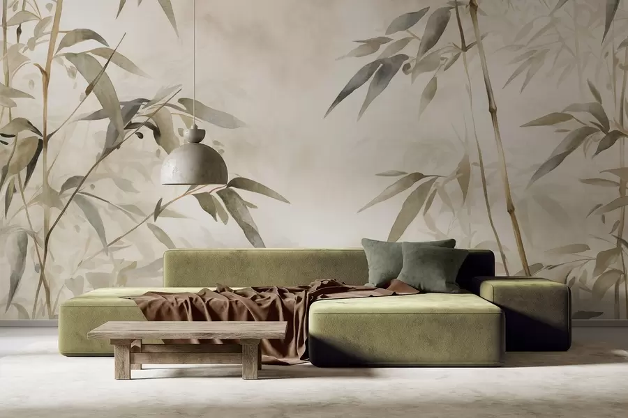 wall murals Bamboo textured branches with leaves in a watercolor style, soft neutral color palette, light beige background w09204