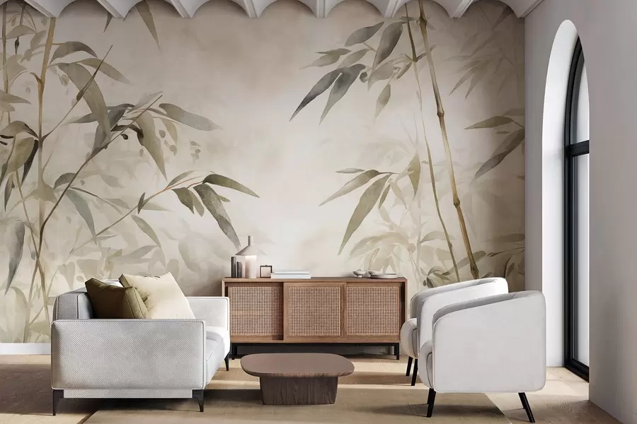 wall murals Bamboo textured branches with leaves in a watercolor style, soft neutral color palette, light beige background w09204
