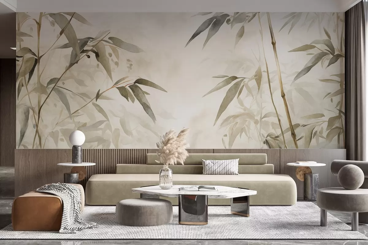 wall murals Bamboo textured branches with leaves in a watercolor style, soft neutral color palette, light beige background w09204