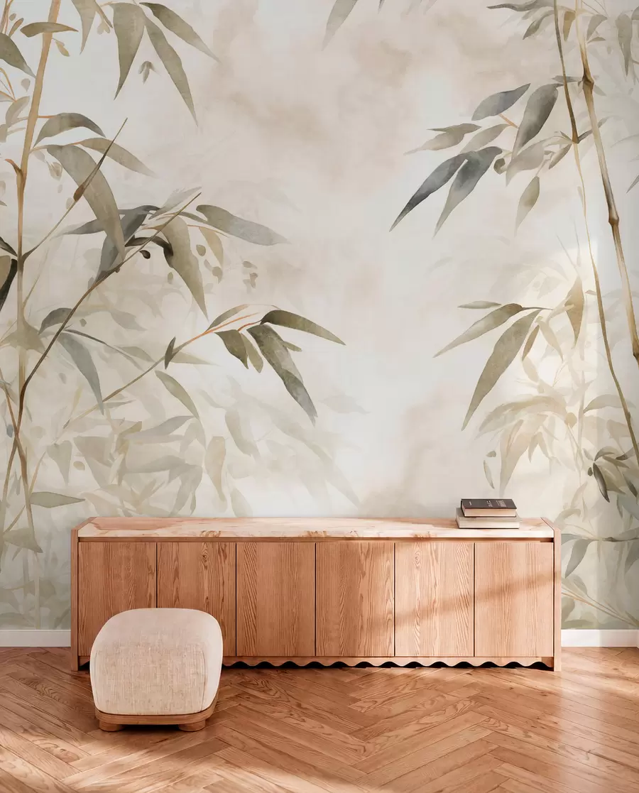wall murals Bamboo textured branches with leaves in a watercolor style, soft neutral color palette, light beige background w09204