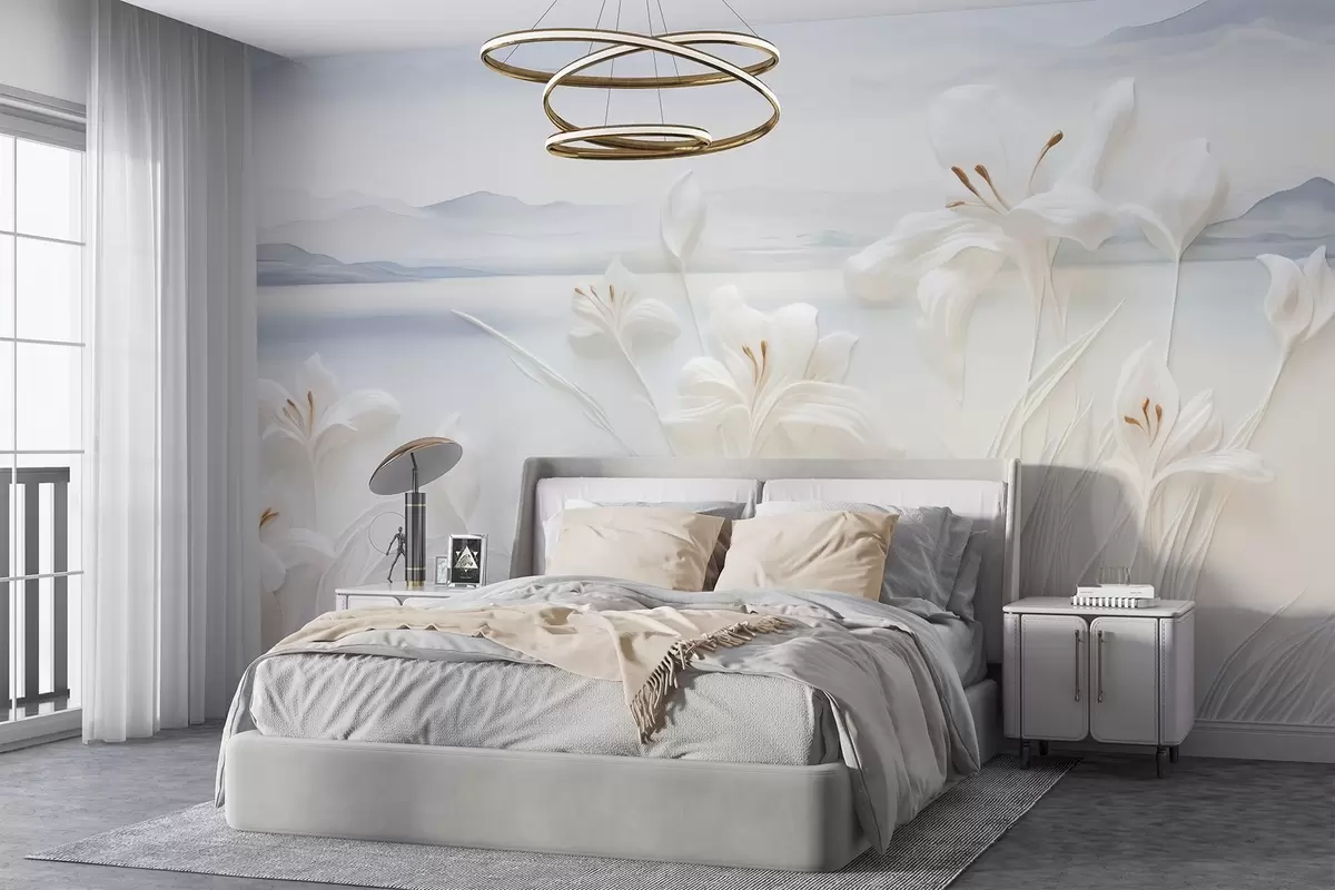 wall murals White lilies with long stems and leaves, mountains and lake in the background, minimalist landscape composition w09206