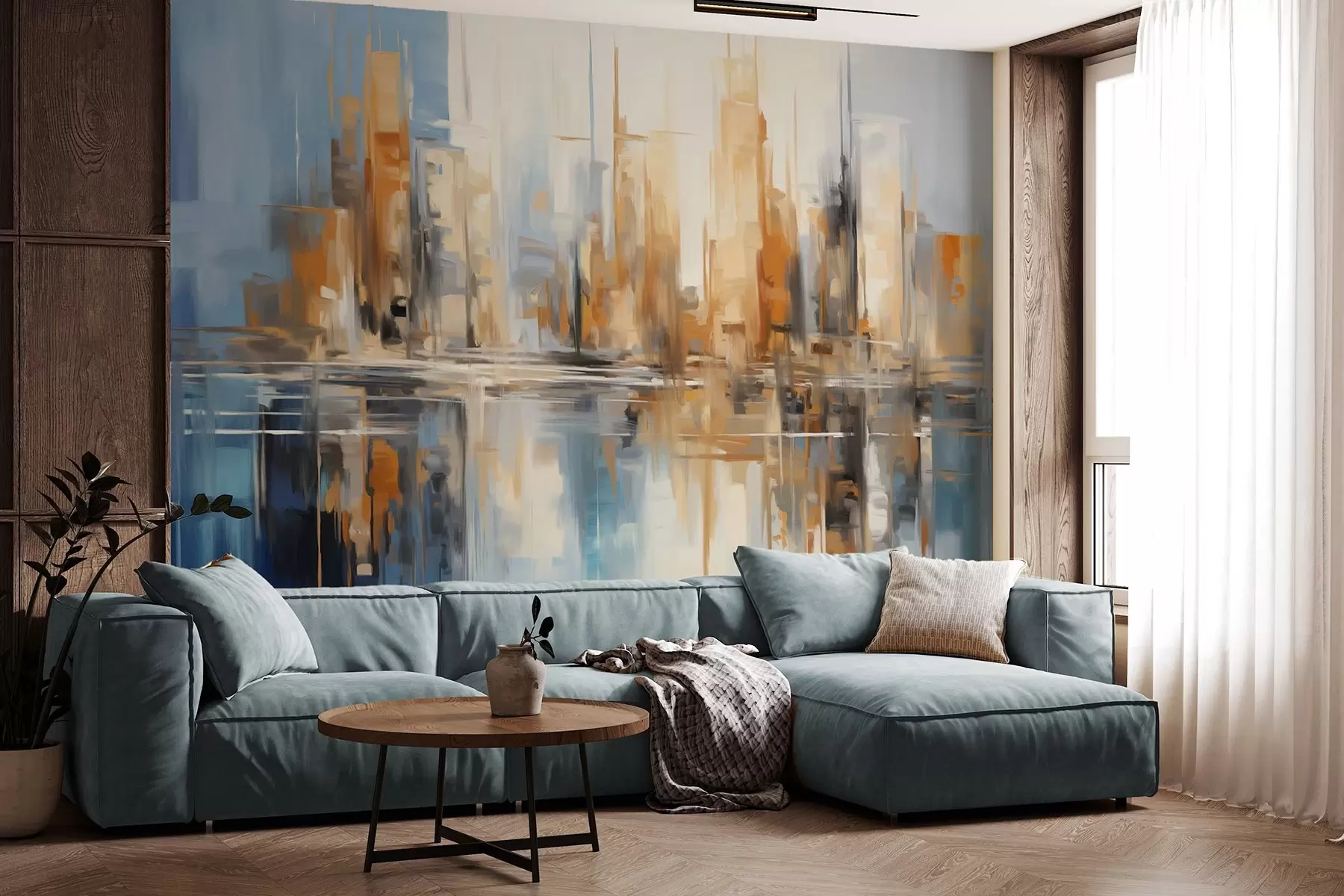 wall murals Abstract textured cityscape with tall buildings in shades of orange, blue and white, reflected in water w09207