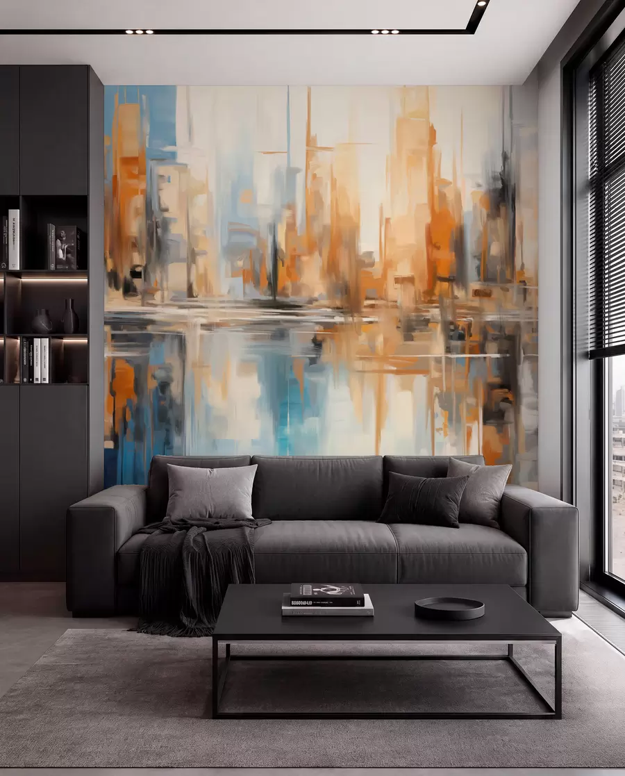wall murals Abstract textured cityscape with tall buildings in shades of orange, blue and white, reflected in water w09207