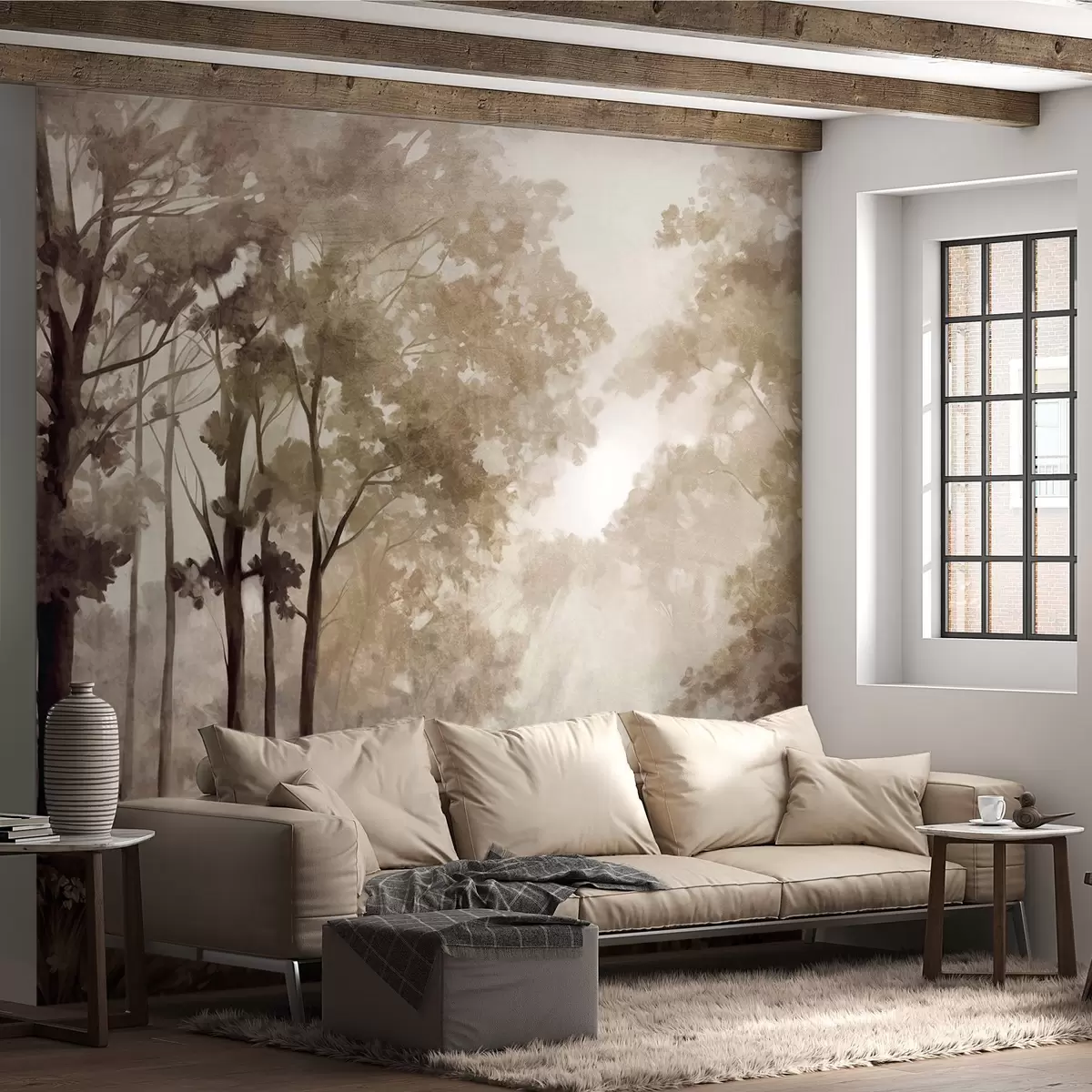 wall murals Textured forest landscape, trees with beige and brown leaves, pastel color palette w09210
