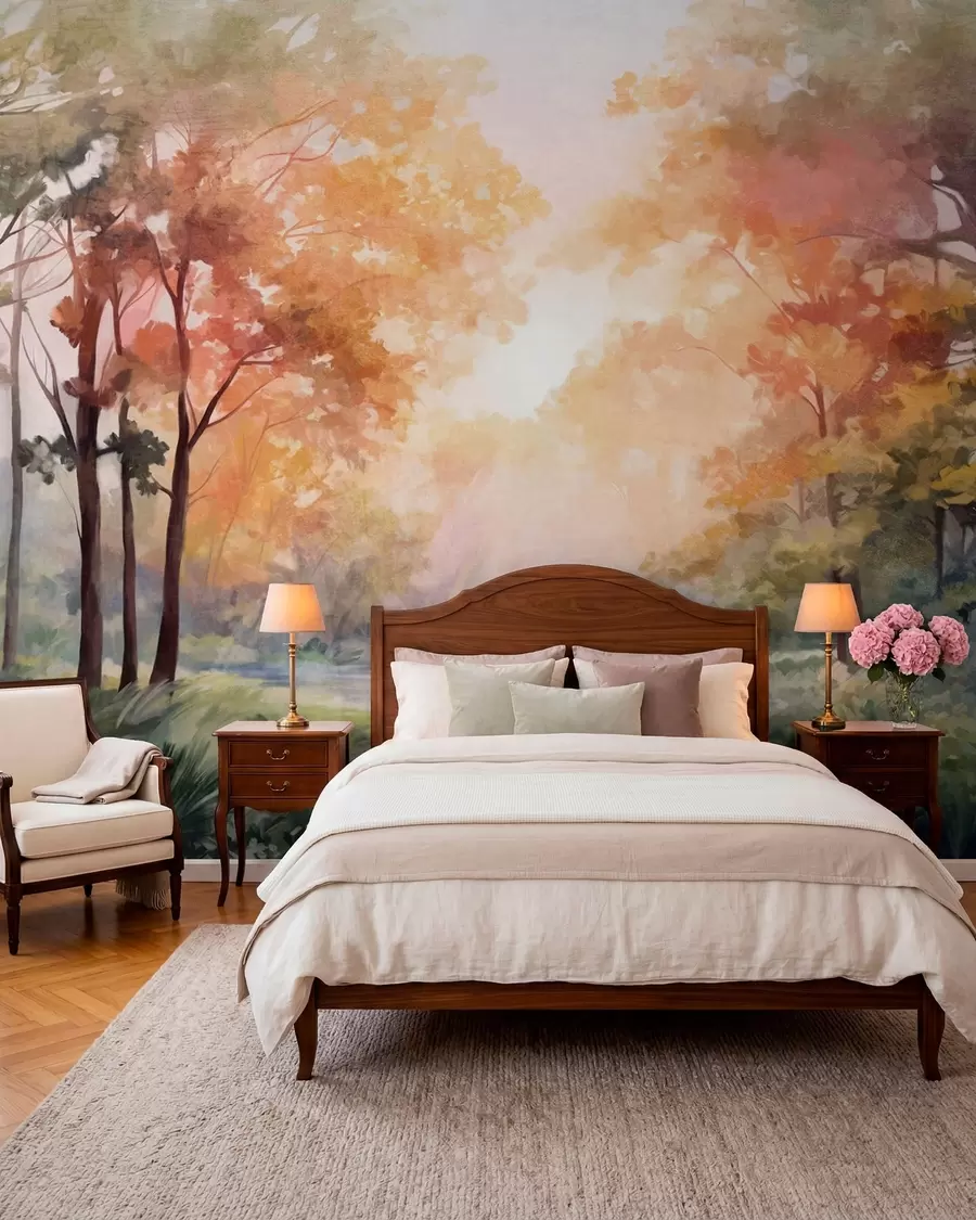 wall murals Textured forest landscape, trees with orange and green leaves, pastel color palette w09210v1