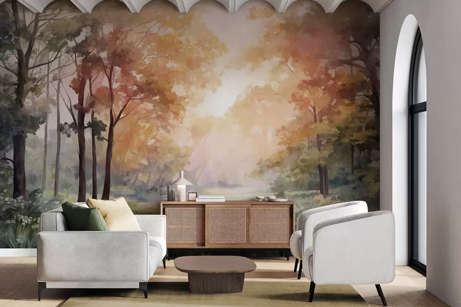 wall murals Textured forest landscape, trees with orange and green leaves, pastel color palette w09210v1