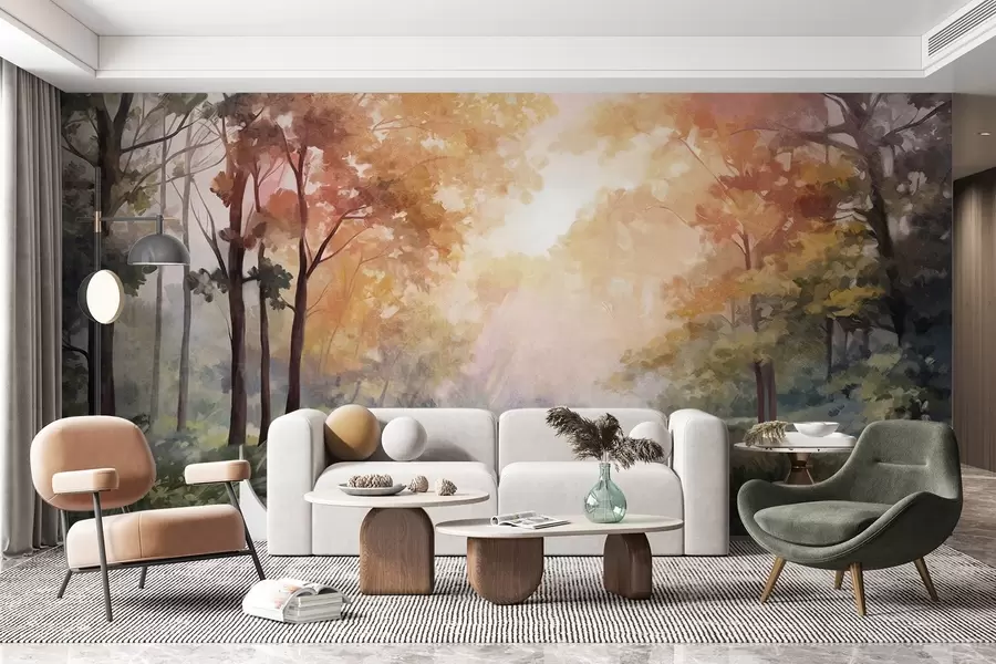 wall murals Textured forest landscape, trees with orange and green leaves, pastel color palette w09210v1