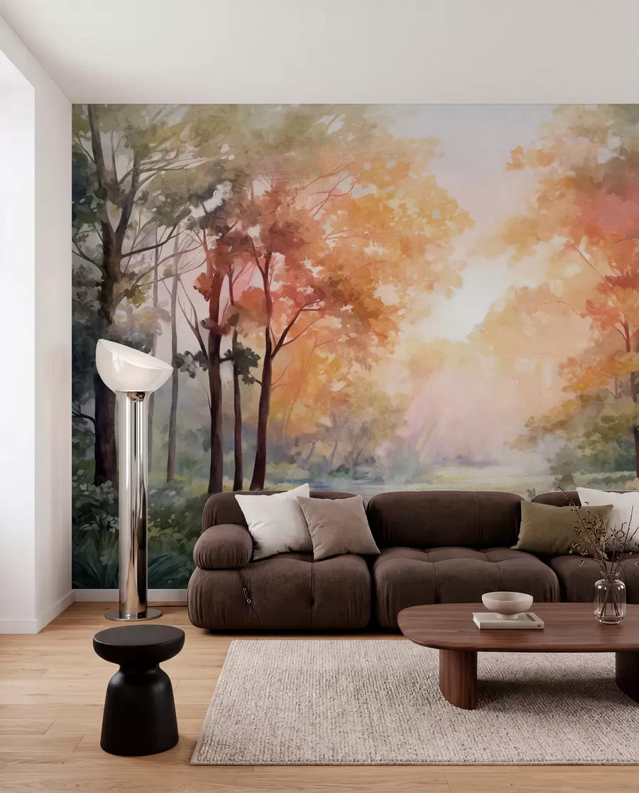 wall murals Textured forest landscape, trees with orange and green leaves, pastel color palette w09210v1