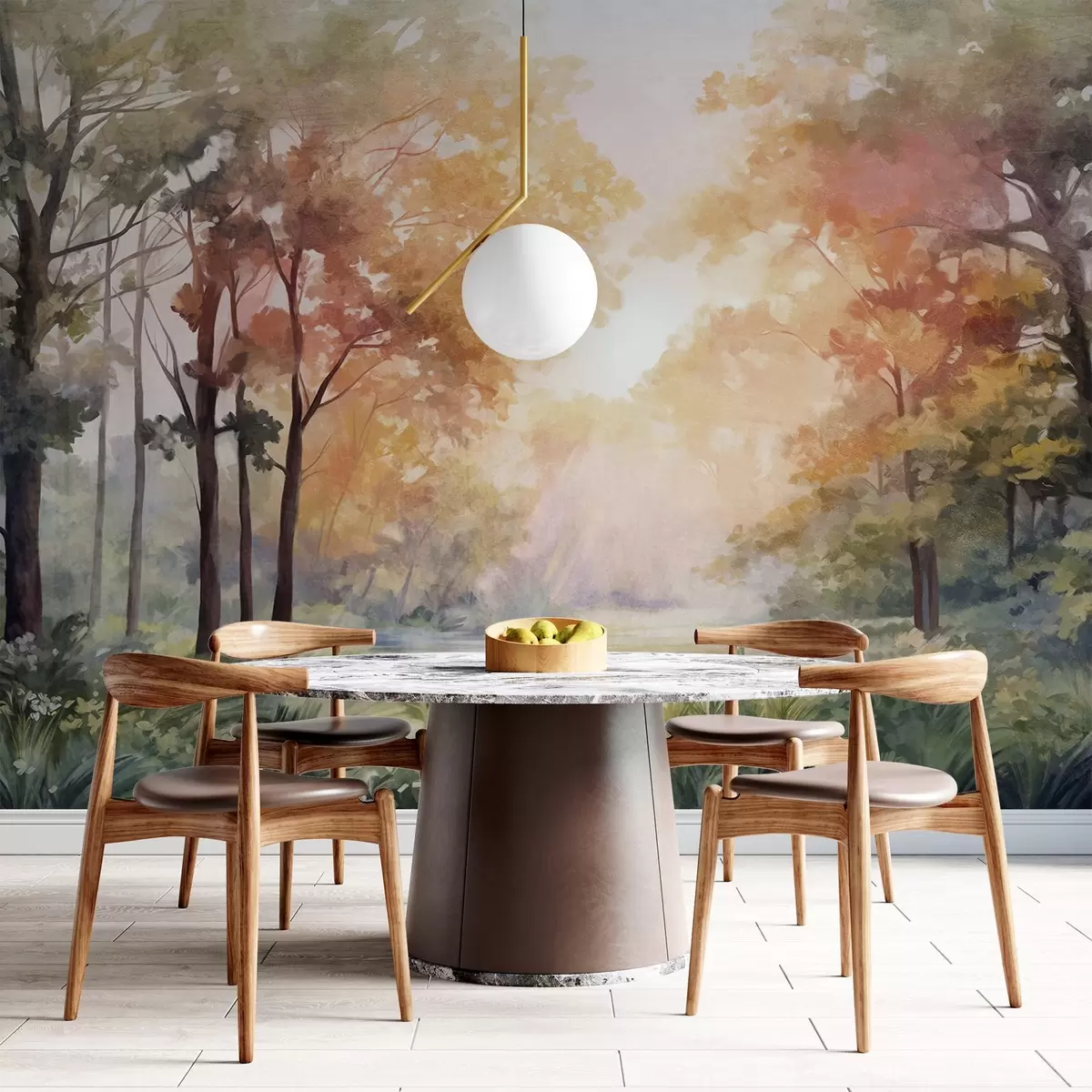 wall murals Textured forest landscape, trees with orange and green leaves, pastel color palette w09210v1