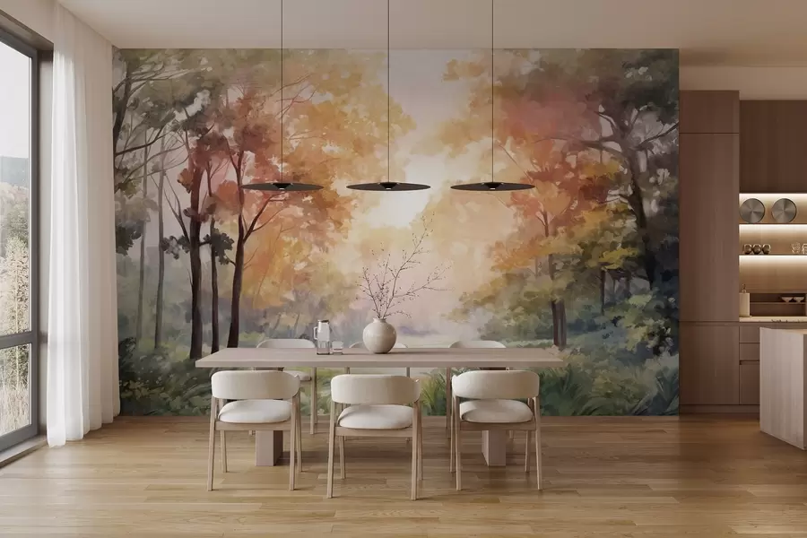 wall murals Textured forest landscape, trees with orange and green leaves, pastel color palette w09210v1